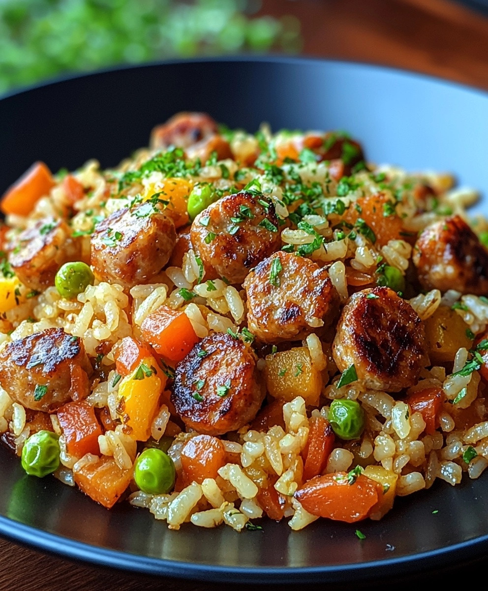 Poêlée de riz chipolatas légumes