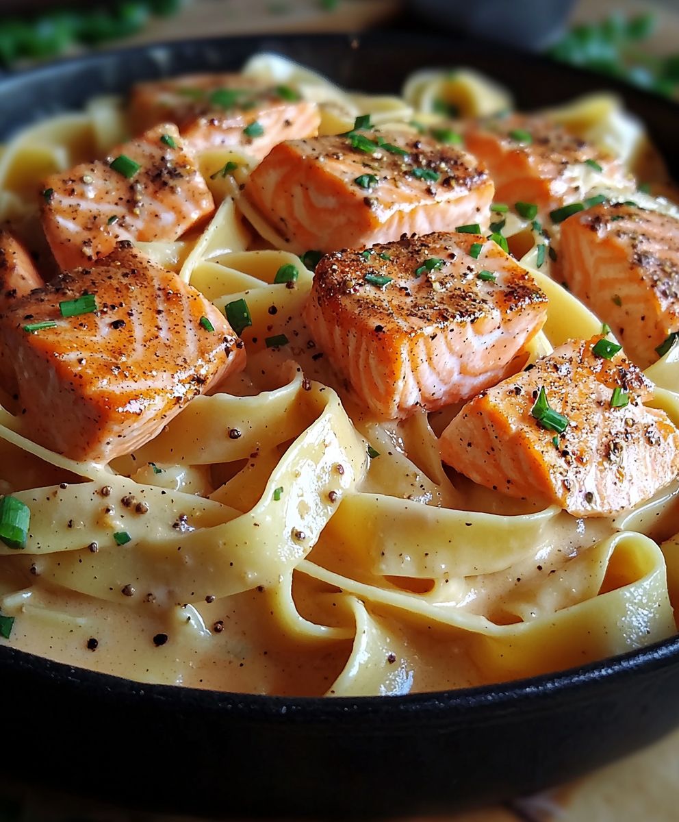 Tagliatelles saumon croûte épices sauce rosée