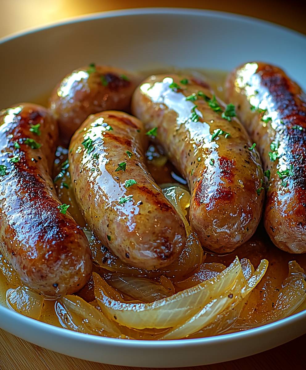 Saucisses moutarde oignons caramélisés