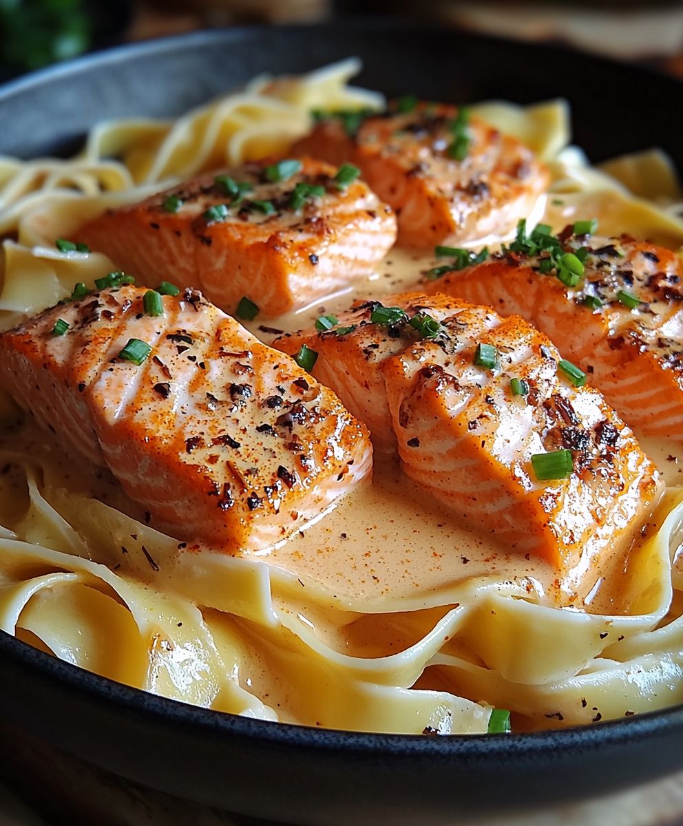 Tagliatelles saumon croûte épices sauce rosée