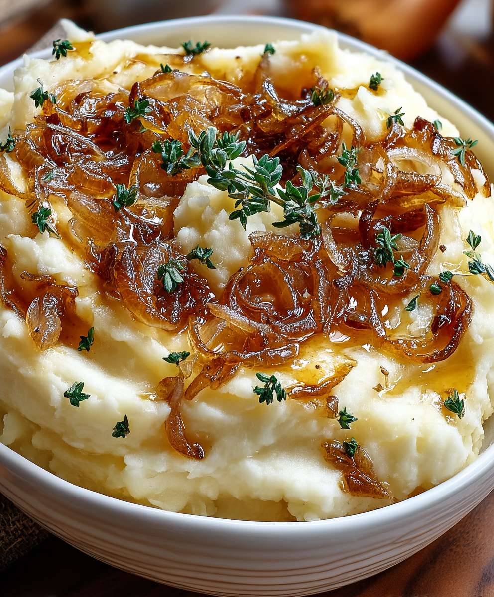 Purée pommes de terre oignons caramélisés