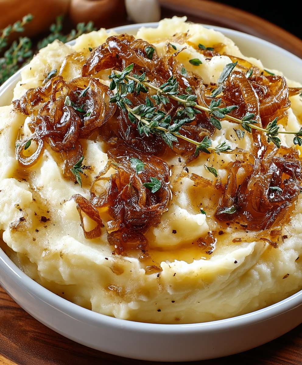 Purée pommes de terre oignons caramélisés