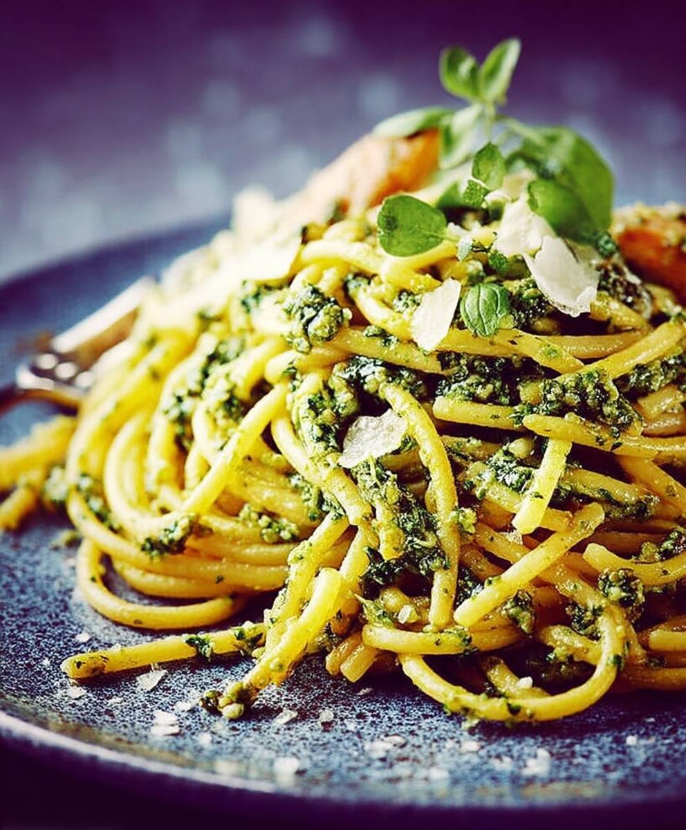 Spaghettis pesto de cresson