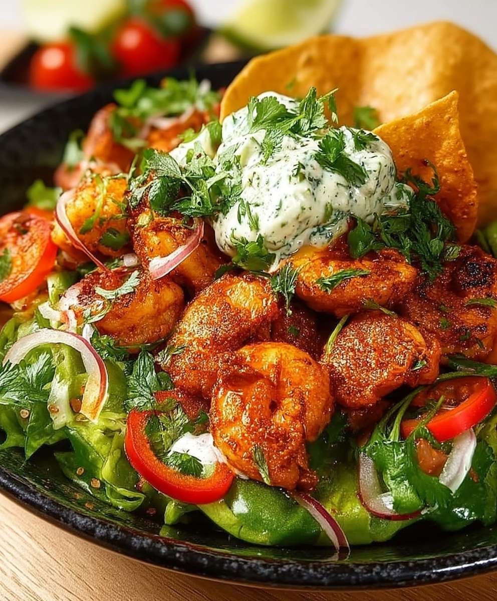 Salade tandoori crevettes pappadum