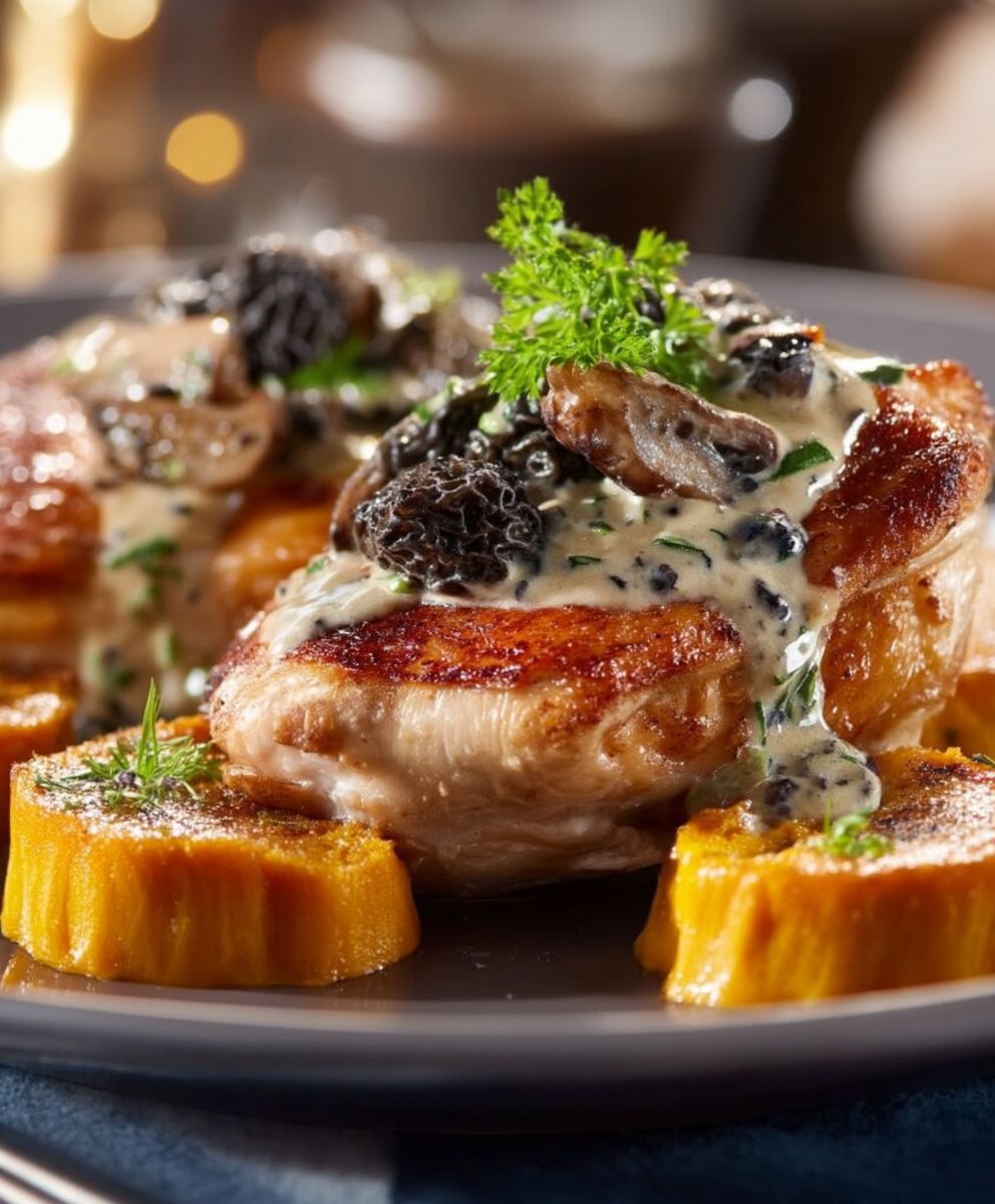 Chapon aux morilles flans potiron