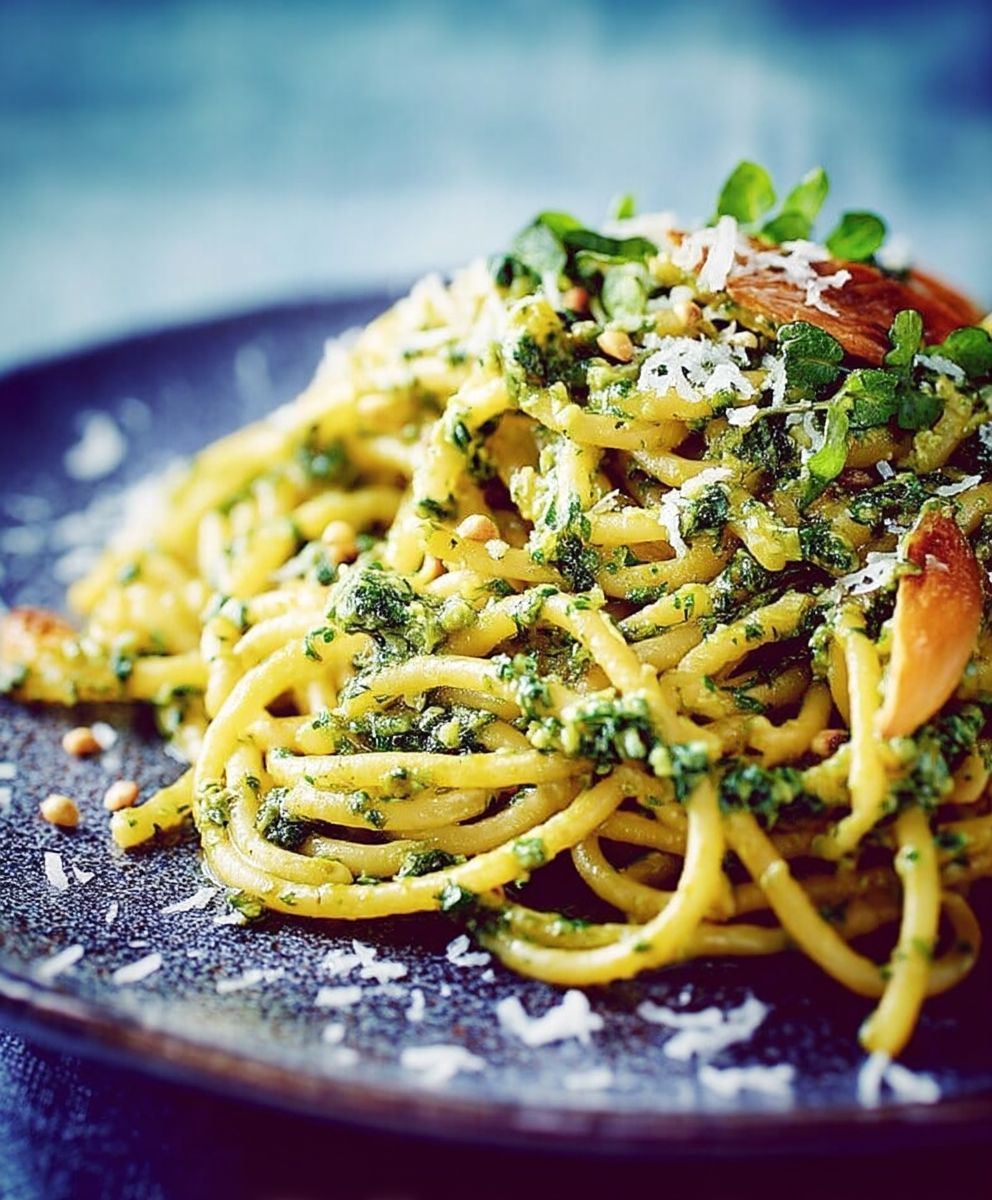 Spaghettis pesto de cresson