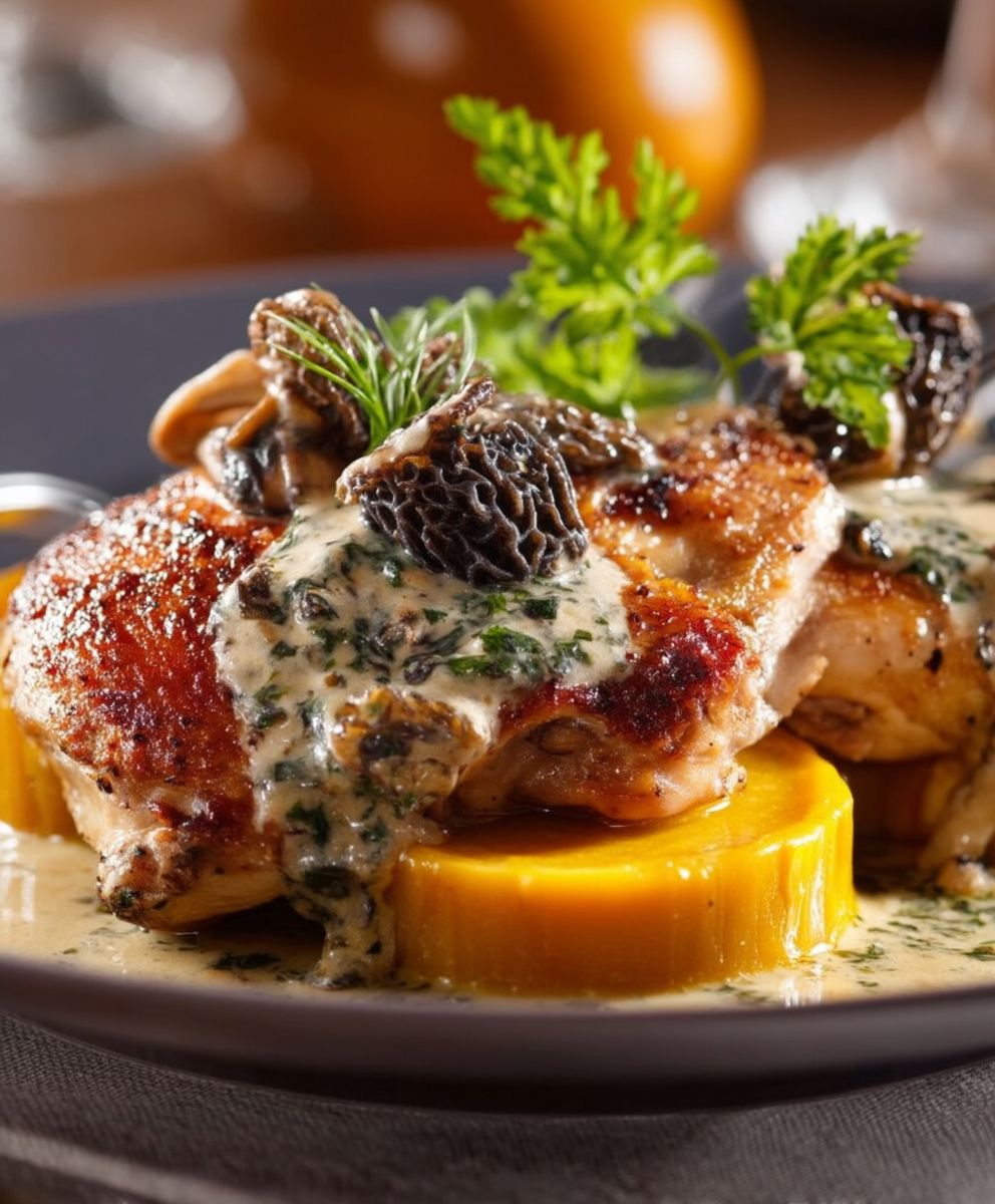 Chapon aux morilles flans potiron