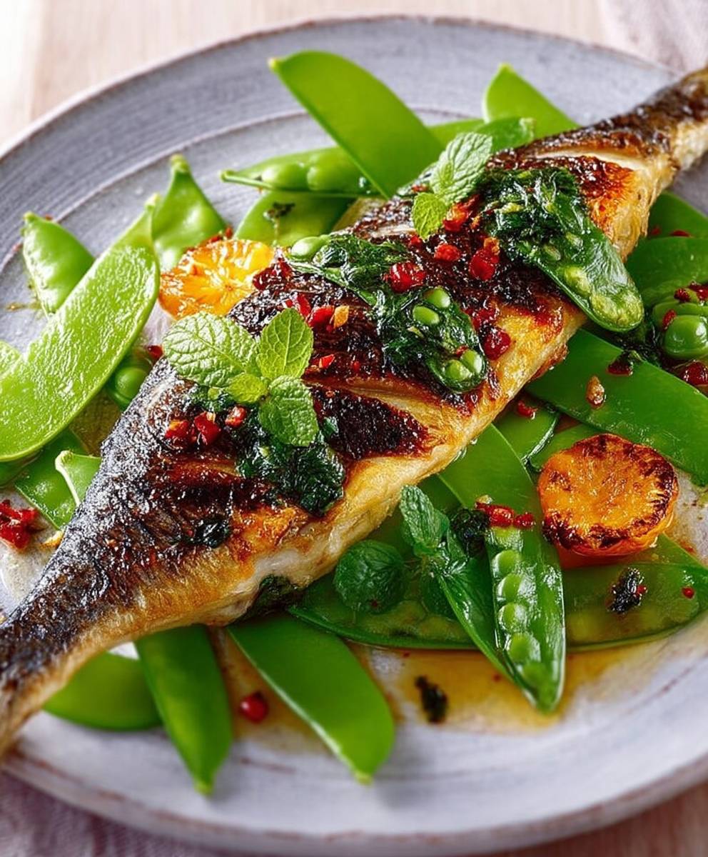 Daurade grillée pois gourmands