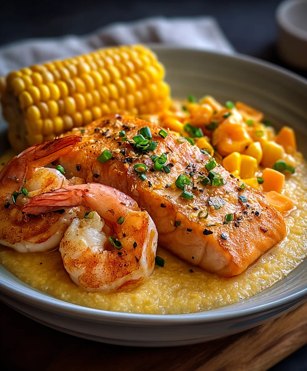 Saumon & Crevettes au Cheddar sur Lit de Maïs Croustillant