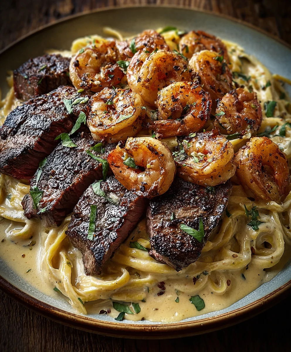 Alfredo Épicé : Bœuf Noirci & Crevettes Savoureuses