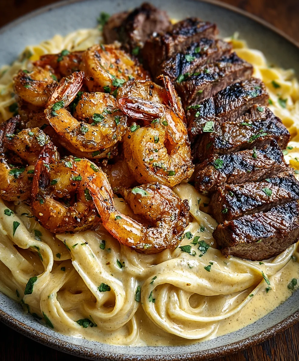 Alfredo Épicé : Bœuf Noirci & Crevettes Savoureuses