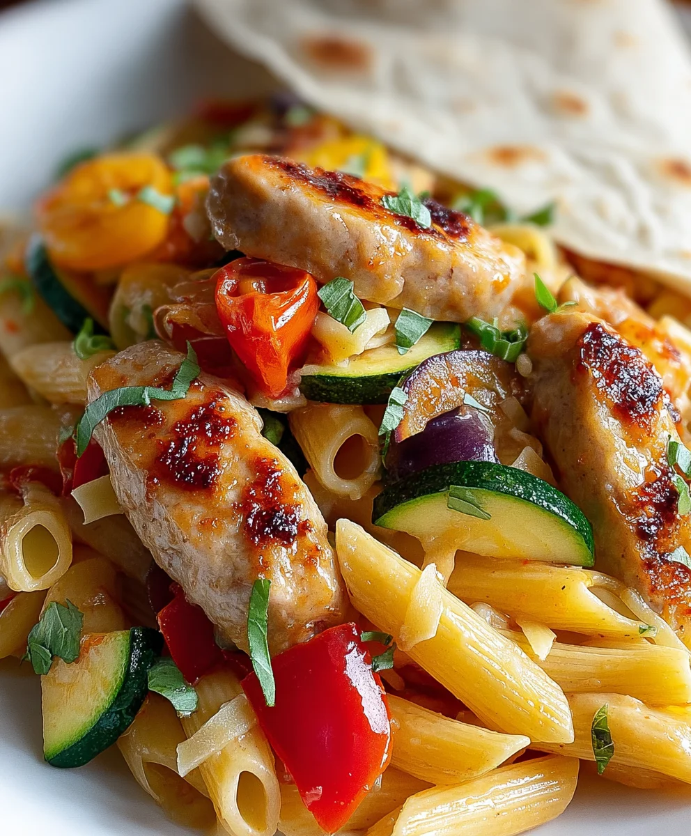 Saucisses de poulet, courgettes et pâtes: recette facile et rapide.