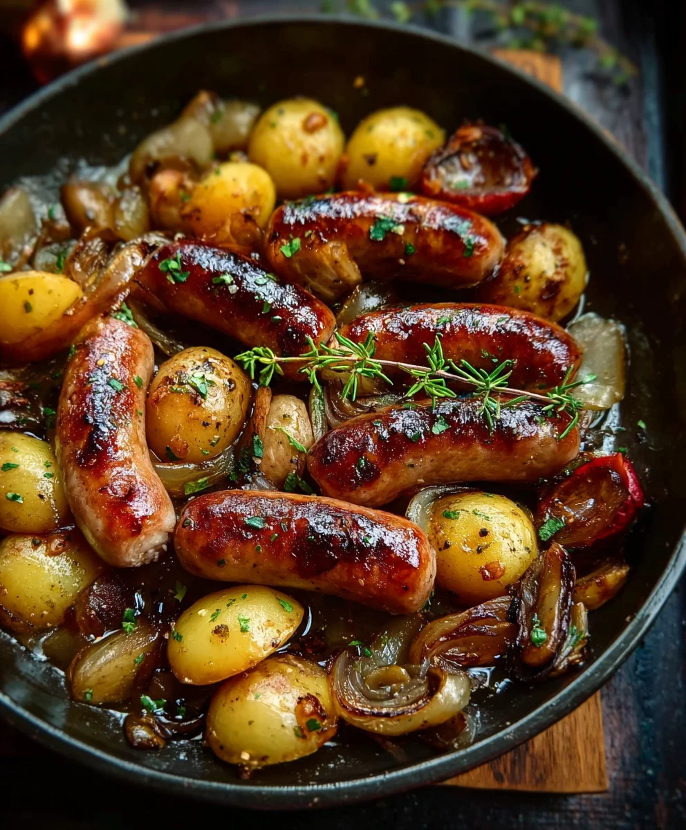 Saucisses Bœuf, Champignons & Pommes de Terre au Four