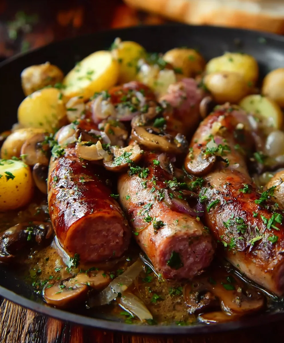 Saucisses Bœuf, Champignons & Pommes de Terre au Four