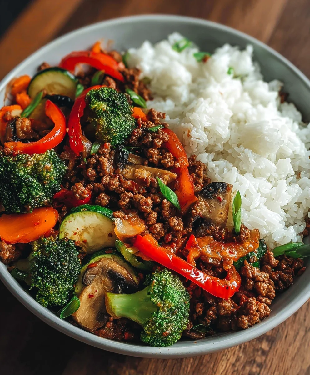 Sauté de Bœuf Épicé et Légumes à l'Ail, Riz Vapeur